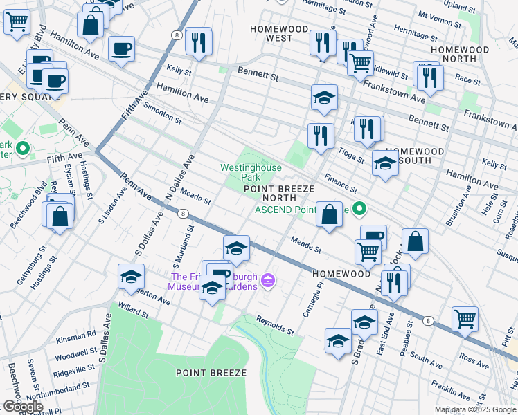 map of restaurants, bars, coffee shops, grocery stores, and more near 302 North Lang Avenue in Pittsburgh
