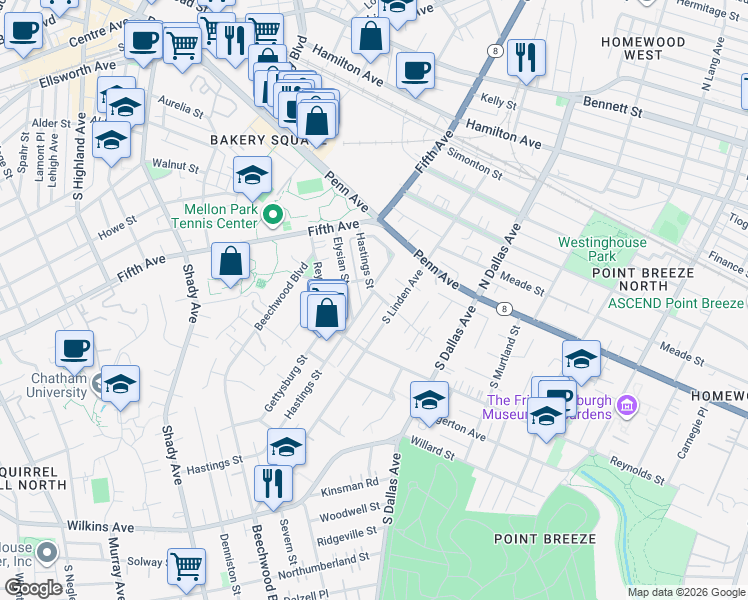 map of restaurants, bars, coffee shops, grocery stores, and more near 241 Conover Road in Pittsburgh