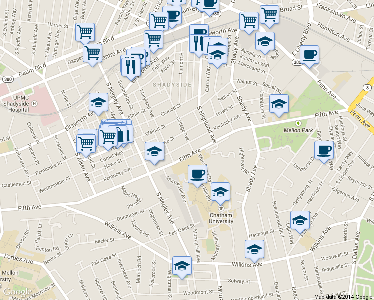 map of restaurants, bars, coffee shops, grocery stores, and more near 921 College Street in Pittsburgh