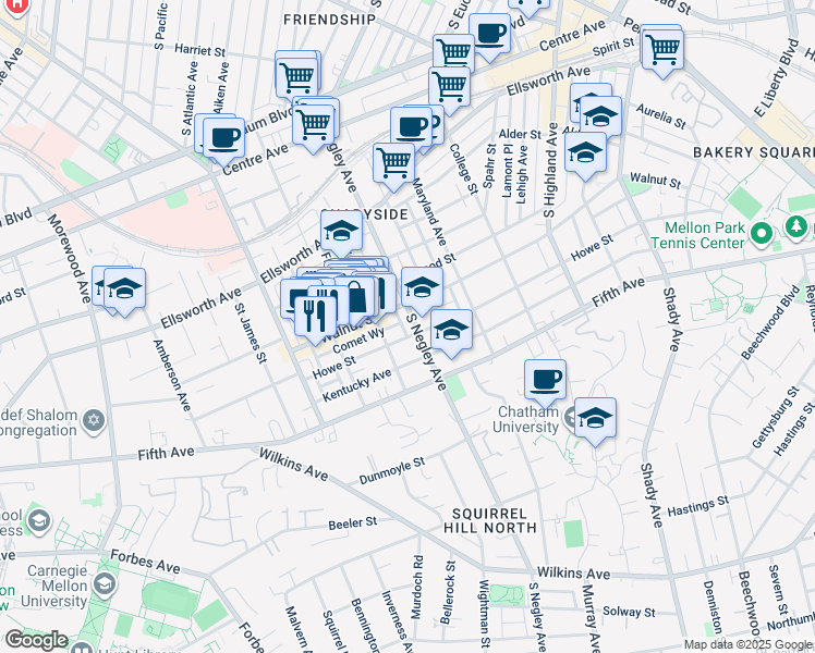 map of restaurants, bars, coffee shops, grocery stores, and more near in Pittsburgh