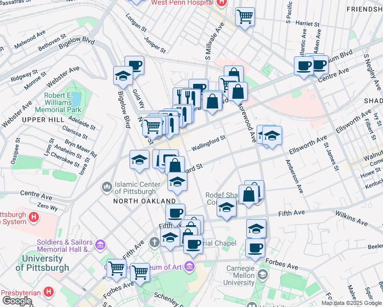 map of restaurants, bars, coffee shops, grocery stores, and more near 4719 Wallingford Street in Pittsburgh