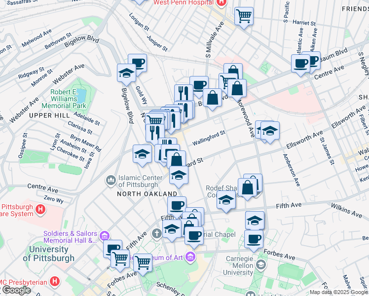 map of restaurants, bars, coffee shops, grocery stores, and more near in Pittsburgh