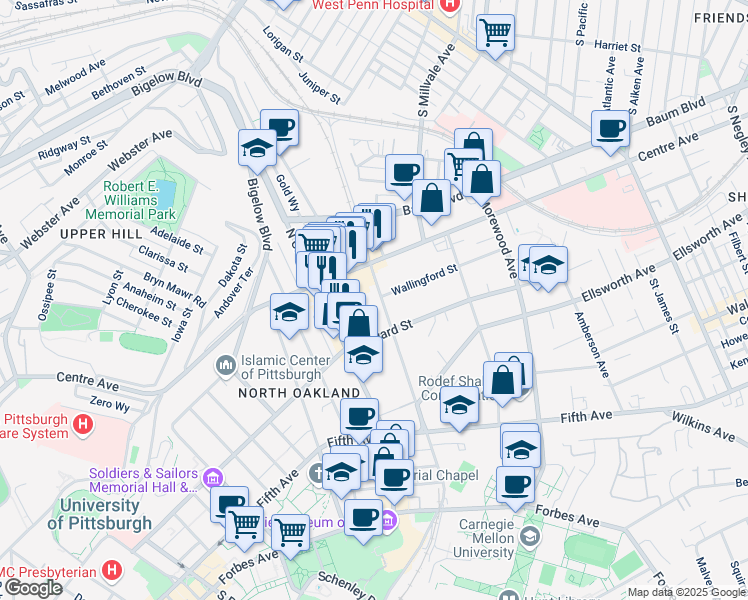 map of restaurants, bars, coffee shops, grocery stores, and more near 4635 Centre Avenue in Pittsburgh