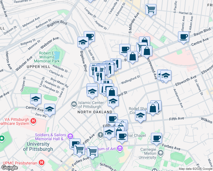 map of restaurants, bars, coffee shops, grocery stores, and more near in Pittsburgh