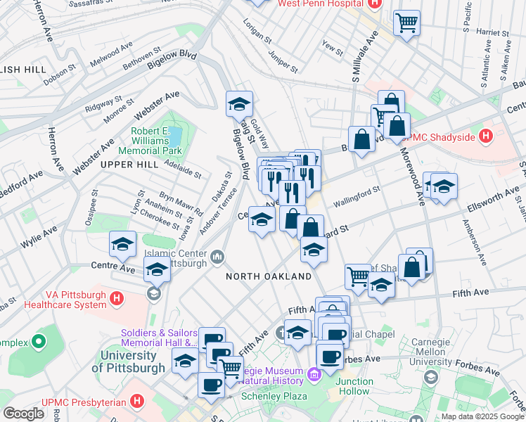 map of restaurants, bars, coffee shops, grocery stores, and more near in Pittsburgh