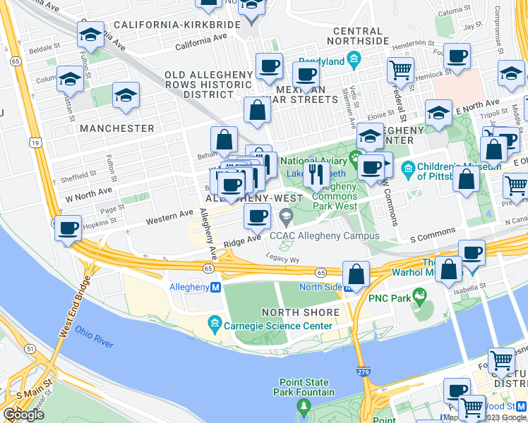 map of restaurants, bars, coffee shops, grocery stores, and more near 801 Western Avenue in Pittsburgh