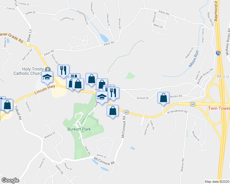 map of restaurants, bars, coffee shops, grocery stores, and more near 1023 Moon Run Road in McKees Rocks
