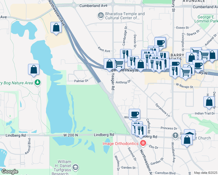 map of restaurants, bars, coffee shops, grocery stores, and more near 2363 Yeager Road in West Lafayette