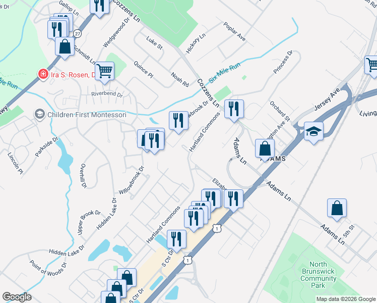 map of restaurants, bars, coffee shops, grocery stores, and more near 7 Sheffield Court in North Brunswick
