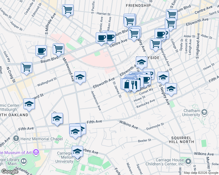 map of restaurants, bars, coffee shops, grocery stores, and more near 5238 Ellsworth Avenue in Pittsburgh