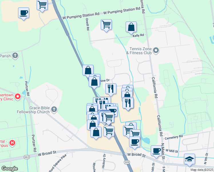 map of restaurants, bars, coffee shops, grocery stores, and more near 327 Misty Lane in Quakertown