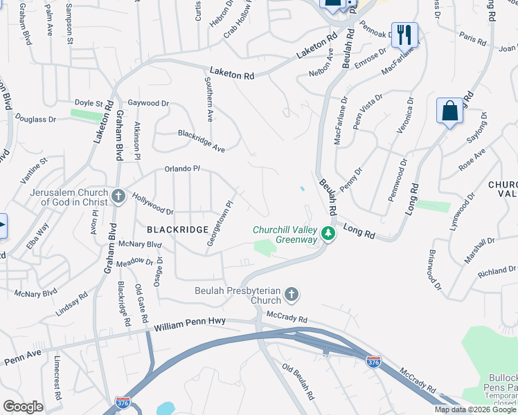map of restaurants, bars, coffee shops, grocery stores, and more near 2844 Orlando Place in Pittsburgh