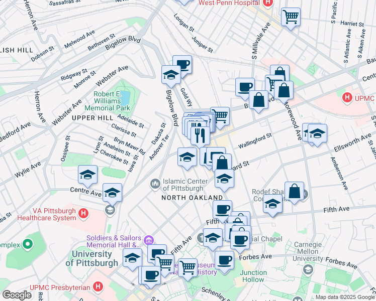 map of restaurants, bars, coffee shops, grocery stores, and more near 4500 Centre Avenue in Pittsburgh