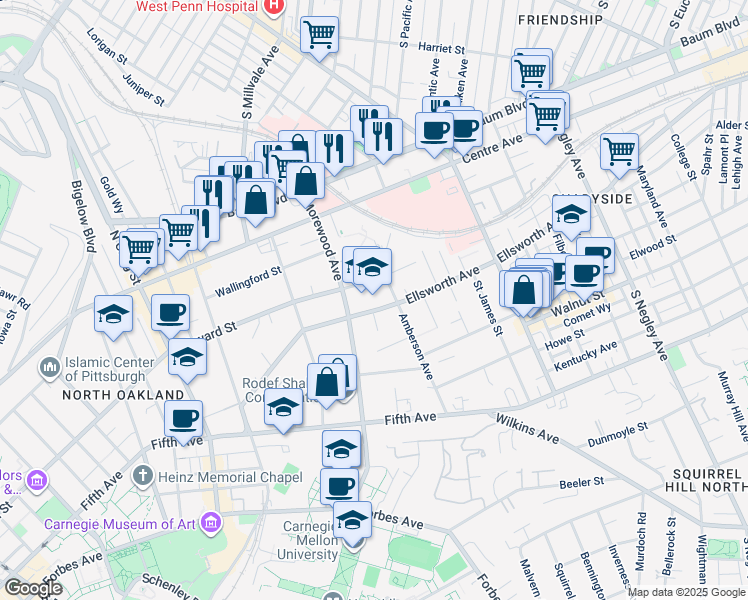 map of restaurants, bars, coffee shops, grocery stores, and more near 555 Morewood Avenue in Pittsburgh