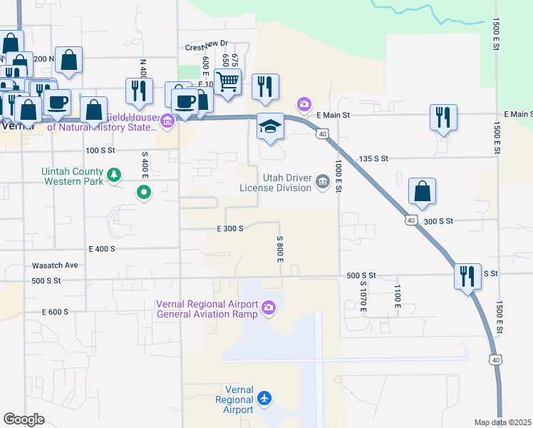 map of restaurants, bars, coffee shops, grocery stores, and more near 290 South 800 East in Vernal