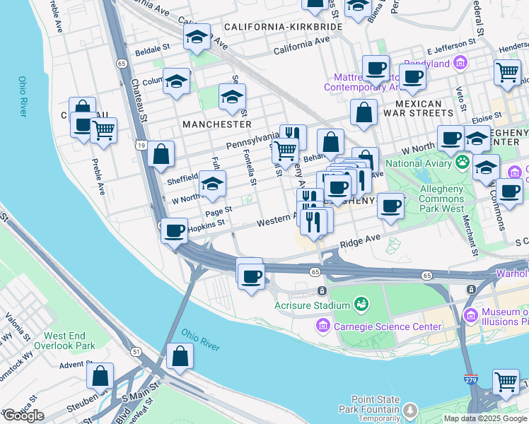 map of restaurants, bars, coffee shops, grocery stores, and more near 1136 Western Avenue in Pittsburgh
