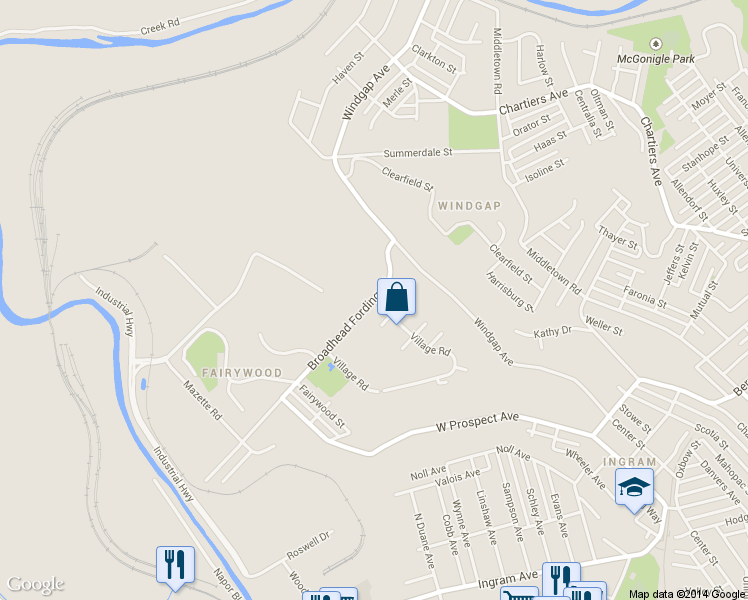 map of restaurants, bars, coffee shops, grocery stores, and more near 105 Village Road in Allegheny