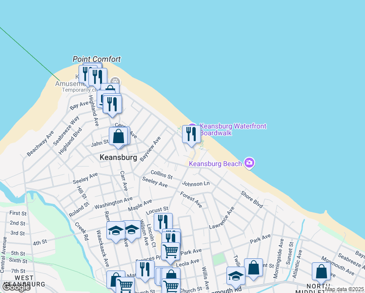 map of restaurants, bars, coffee shops, grocery stores, and more near 1 Beachway Avenue in Keansburg