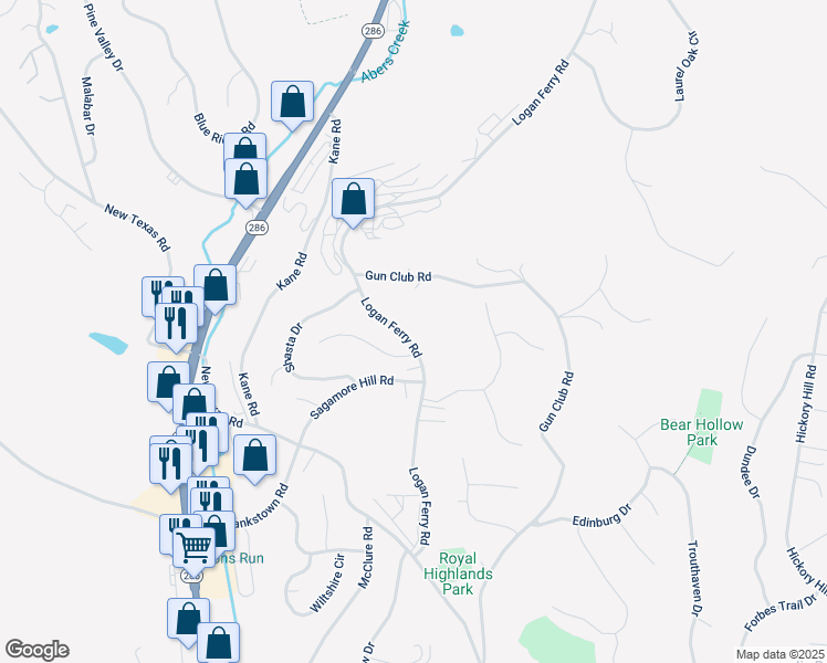 map of restaurants, bars, coffee shops, grocery stores, and more near 3821 Logan Ferry Road in Pittsburgh