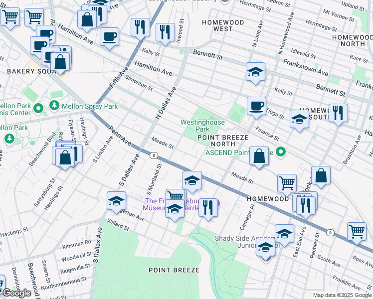 map of restaurants, bars, coffee shops, grocery stores, and more near 7054 Thomas Boulevard in Pittsburgh