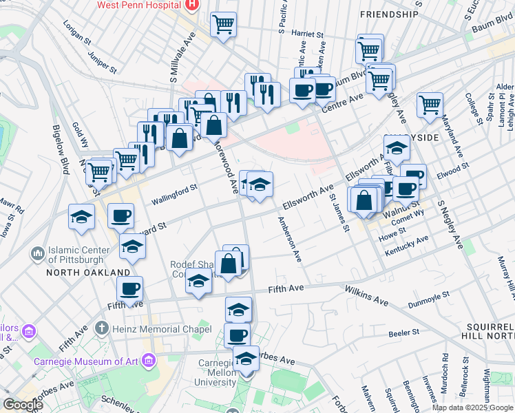 map of restaurants, bars, coffee shops, grocery stores, and more near 5023 Bayard Street in Pittsburgh