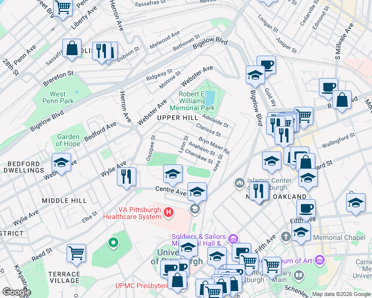 map of restaurants, bars, coffee shops, grocery stores, and more near 801 Anaheim Street in Pittsburgh