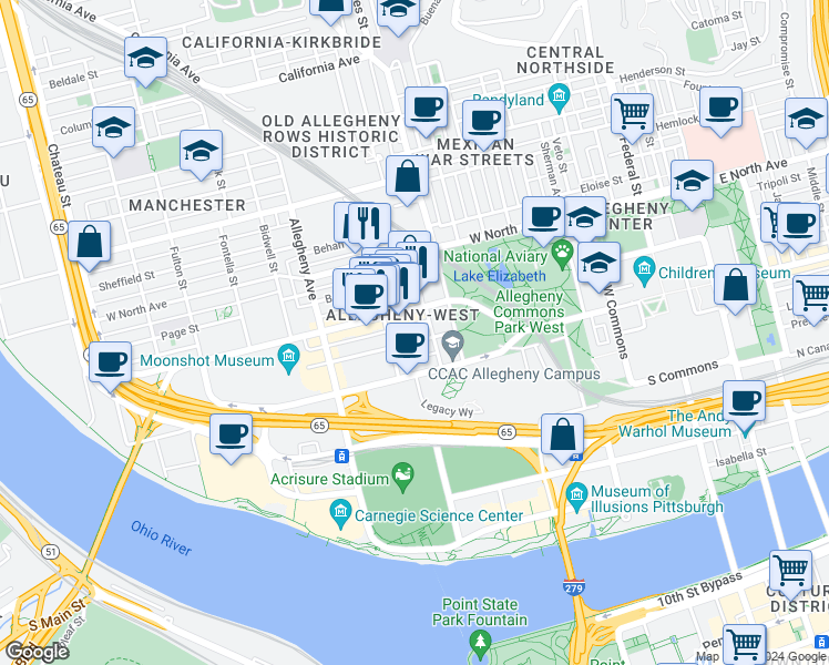 map of restaurants, bars, coffee shops, grocery stores, and more near 847 Western Avenue in Pittsburgh