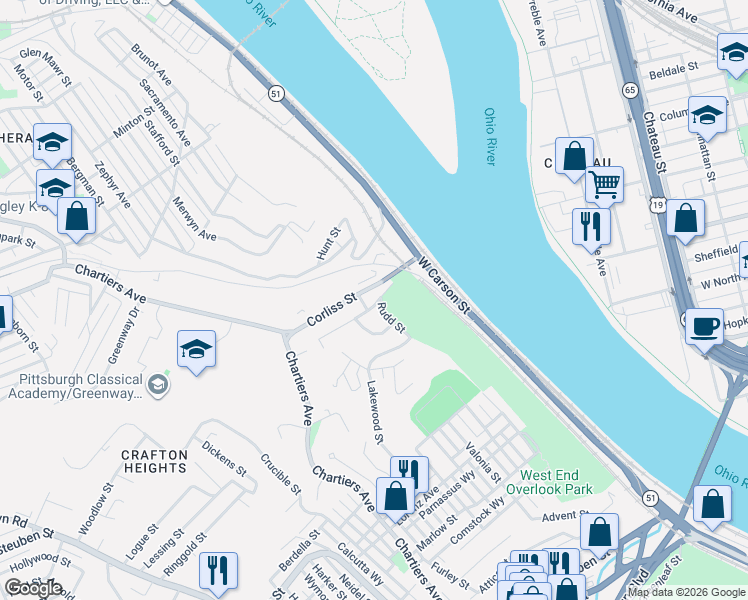 map of restaurants, bars, coffee shops, grocery stores, and more near in Pittsburgh