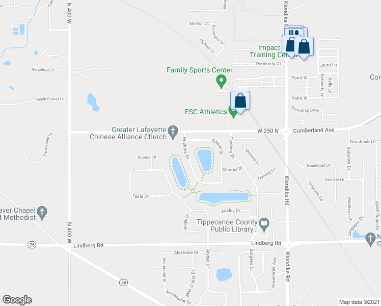 map of restaurants, bars, coffee shops, grocery stores, and more near 3419 Edison Drive in West Lafayette