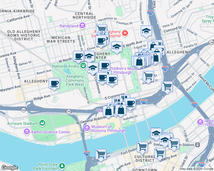 map of restaurants, bars, coffee shops, grocery stores, and more near 200 Children's Way in Pittsburgh