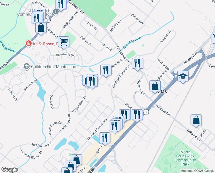 map of restaurants, bars, coffee shops, grocery stores, and more near 15 Towne Center Drive in North Brunswick Township
