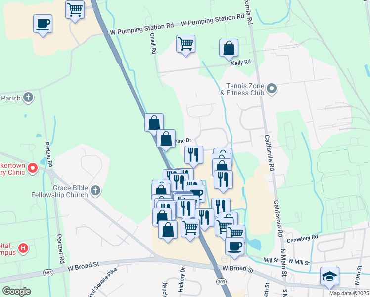map of restaurants, bars, coffee shops, grocery stores, and more near 327 Misty Lane in Quakertown