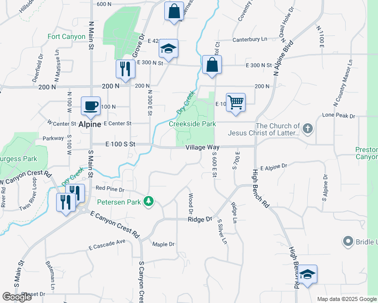 map of restaurants, bars, coffee shops, grocery stores, and more near 480 East 100 South in Alpine