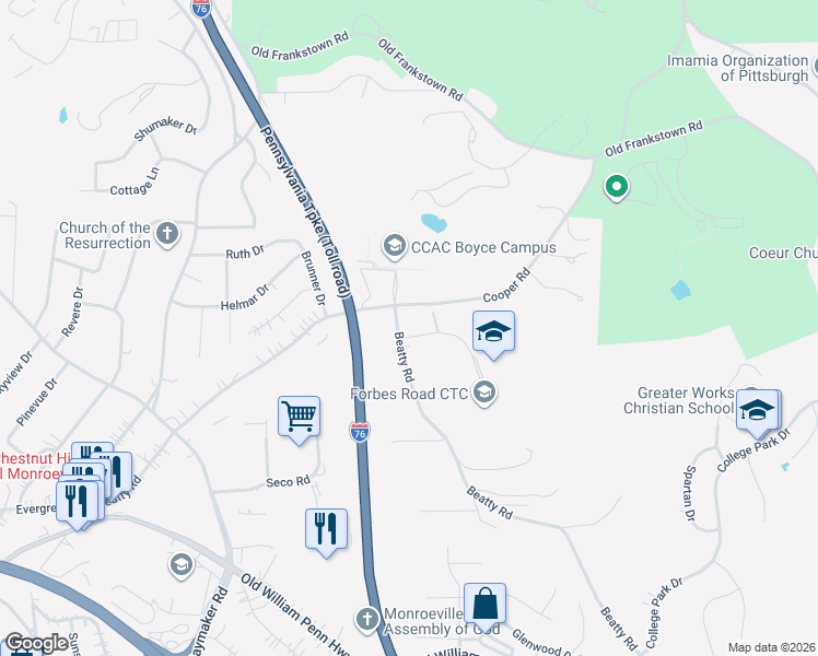 map of restaurants, bars, coffee shops, grocery stores, and more near 601 Beatty Road in Monroeville