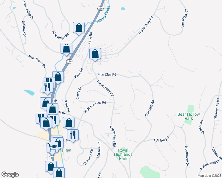 map of restaurants, bars, coffee shops, grocery stores, and more near 3821 Logan Ferry Road in Pittsburgh