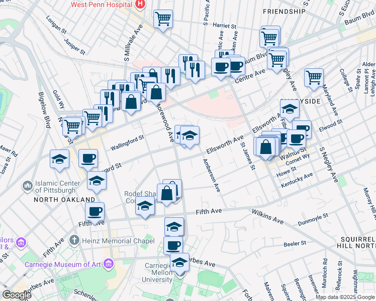 map of restaurants, bars, coffee shops, grocery stores, and more near 555 Morewood Avenue in Pittsburgh