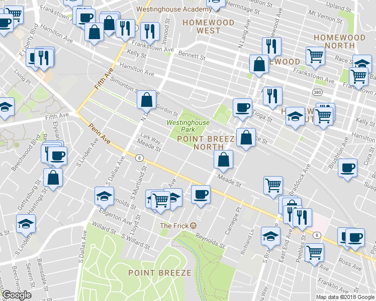 map of restaurants, bars, coffee shops, grocery stores, and more near 7054 Thomas Boulevard in Pittsburgh