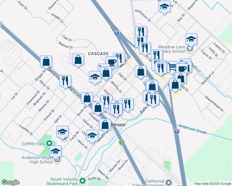 map of restaurants, bars, coffee shops, grocery stores, and more near 2970 Martha Street in Anderson