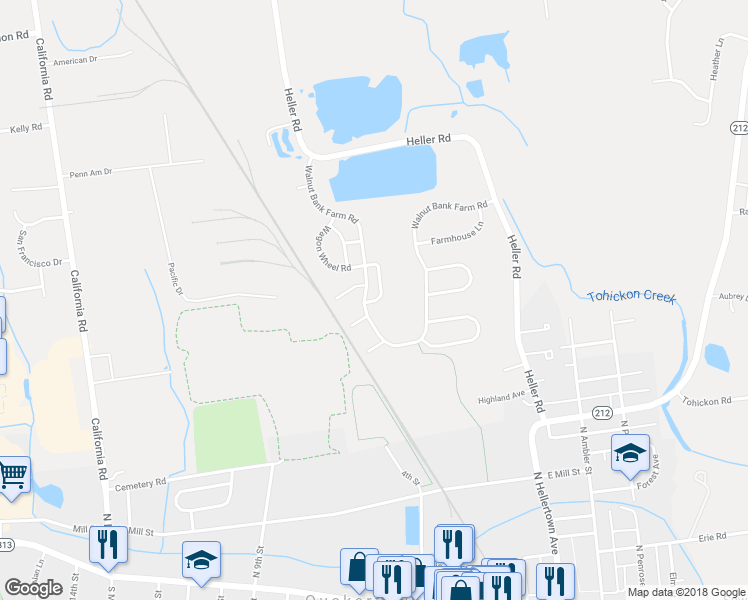 map of restaurants, bars, coffee shops, grocery stores, and more near 182 Prairie Court in Quakertown
