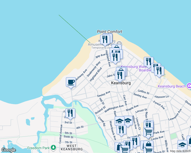 map of restaurants, bars, coffee shops, grocery stores, and more near 96 Highland Boulevard in Keansburg
