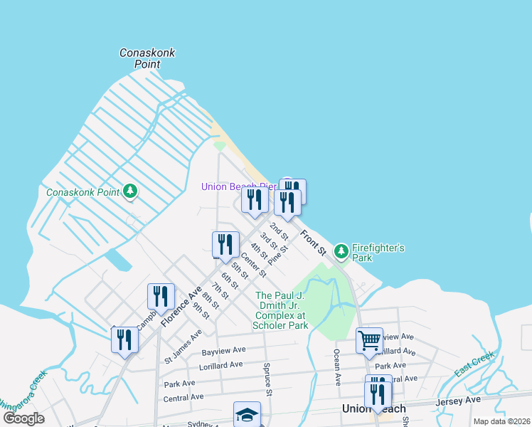 map of restaurants, bars, coffee shops, grocery stores, and more near 121 Florence Avenue in Union Beach
