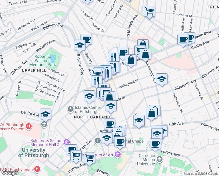 map of restaurants, bars, coffee shops, grocery stores, and more near in Pittsburgh
