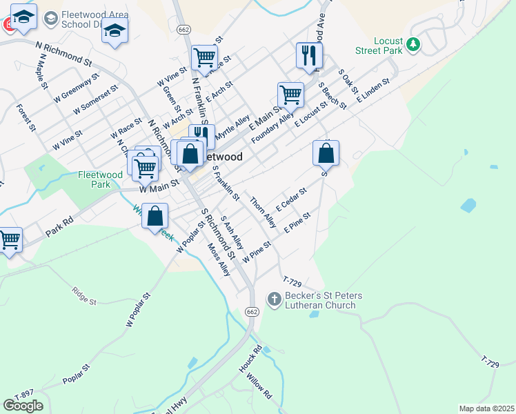 map of restaurants, bars, coffee shops, grocery stores, and more near 213 South Franklin Street in Fleetwood