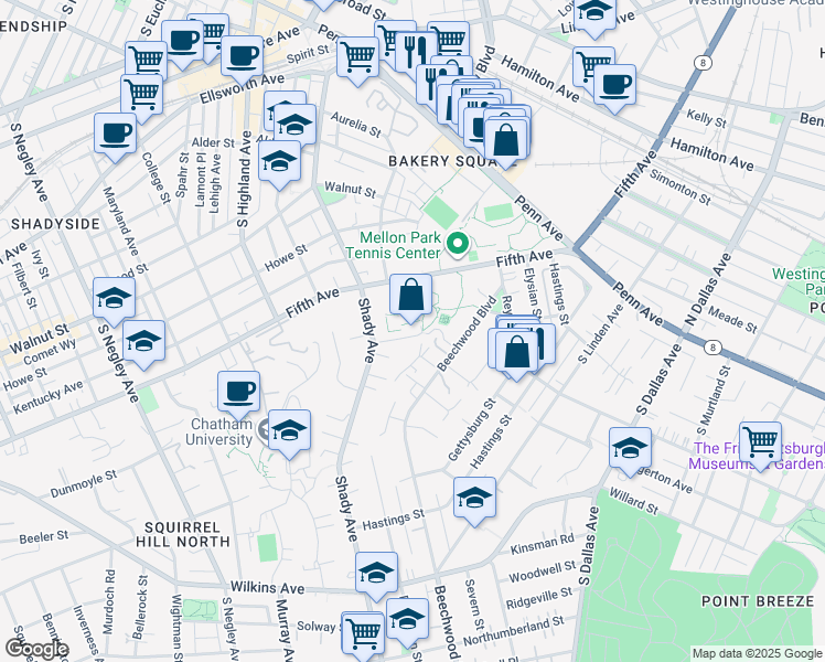 map of restaurants, bars, coffee shops, grocery stores, and more near 1059 Shady Avenue in Pittsburgh