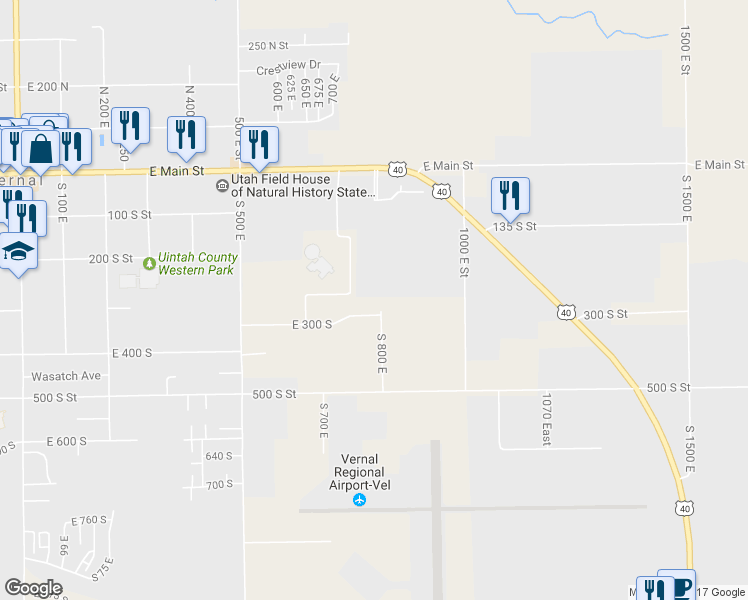 map of restaurants, bars, coffee shops, grocery stores, and more near 290 South 800 East in Vernal