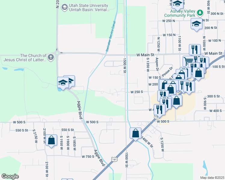 map of restaurants, bars, coffee shops, grocery stores, and more near 1560 300 South in Vernal