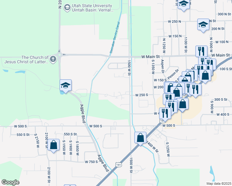map of restaurants, bars, coffee shops, grocery stores, and more near 1560 300 South in Vernal