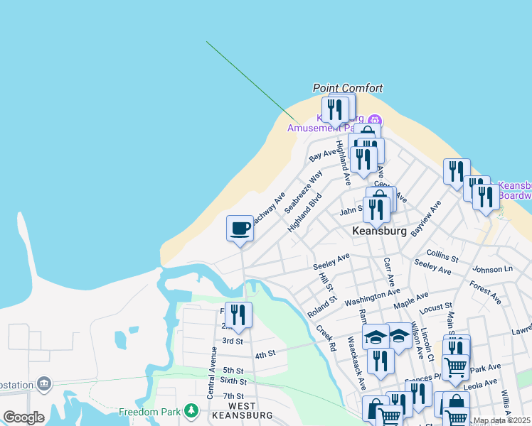map of restaurants, bars, coffee shops, grocery stores, and more near 480 Beachway Avenue in Keansburg