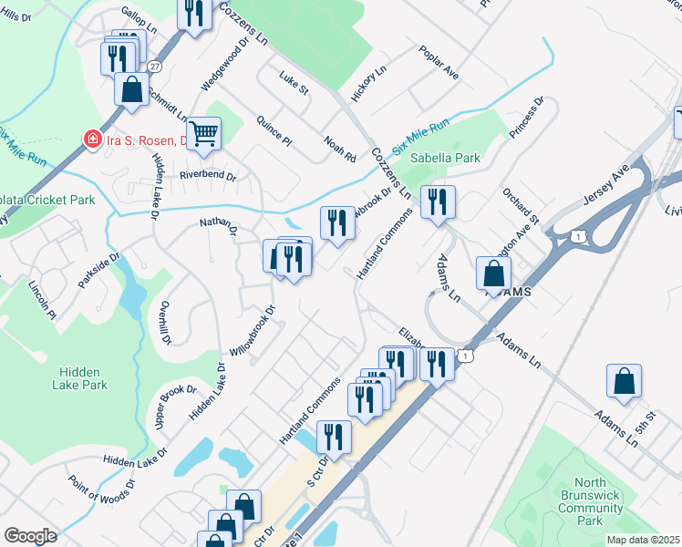 map of restaurants, bars, coffee shops, grocery stores, and more near 15 Towne Center Drive in North Brunswick Township