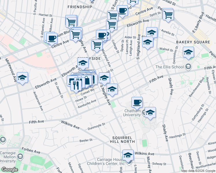 map of restaurants, bars, coffee shops, grocery stores, and more near 5706 Walnut Street in Pittsburgh